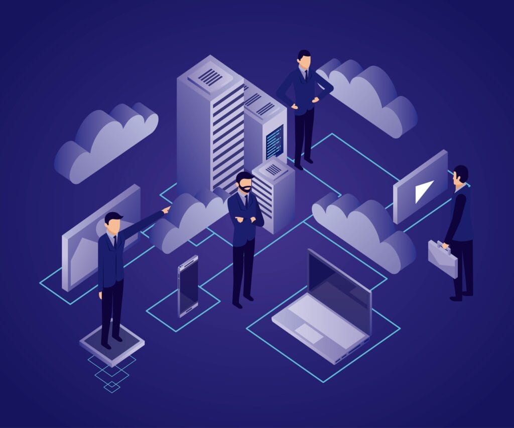 data network businessman computers clouds dataserver smartphone vector illustration