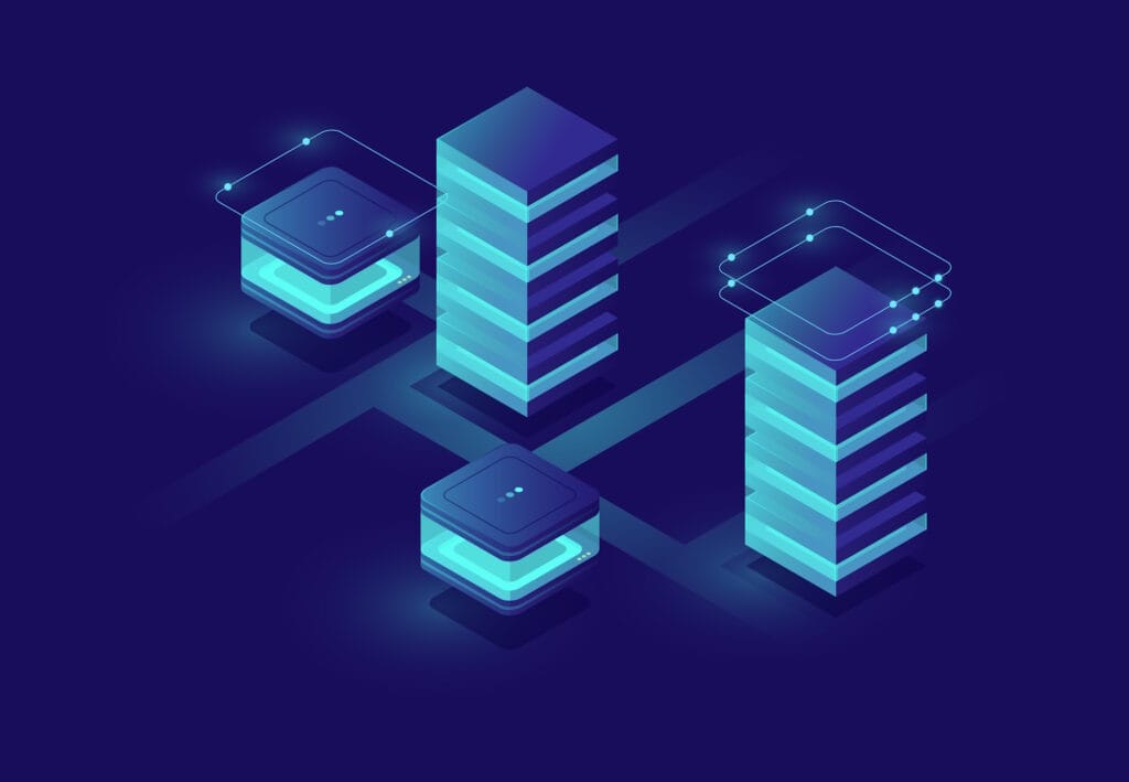 What is database? Concept of smart urban city with server room and database icons, data center and database, big data processing isometric vector